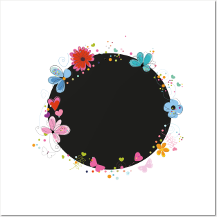 Circle black frame decorative hand drawn abstract flowers Posters and Art